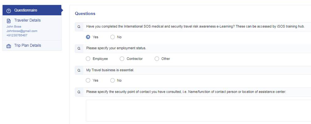 Questionnaire Screen Sample
