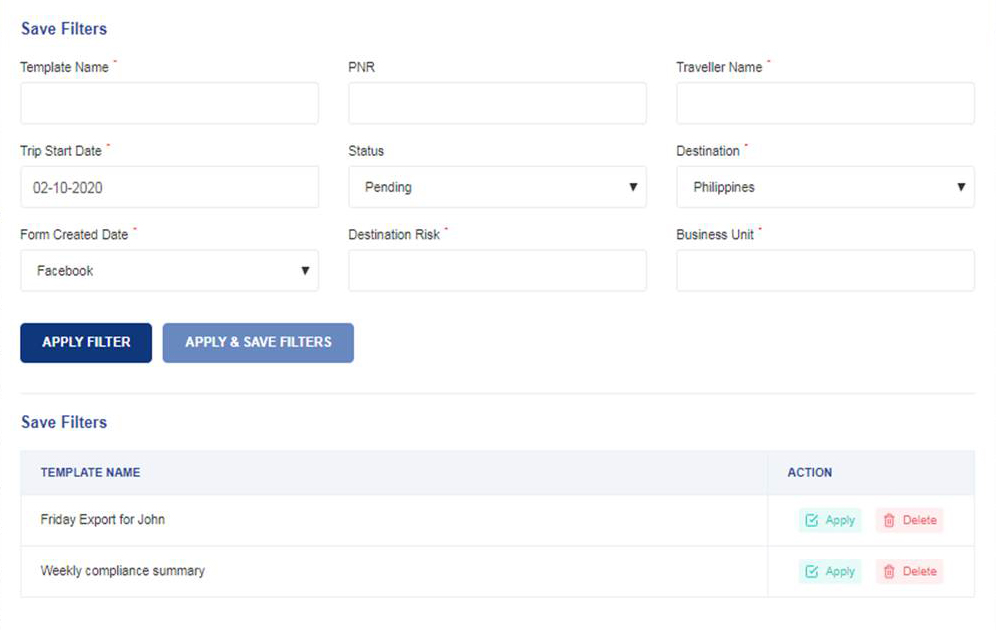 Saved Filters Screen Sample