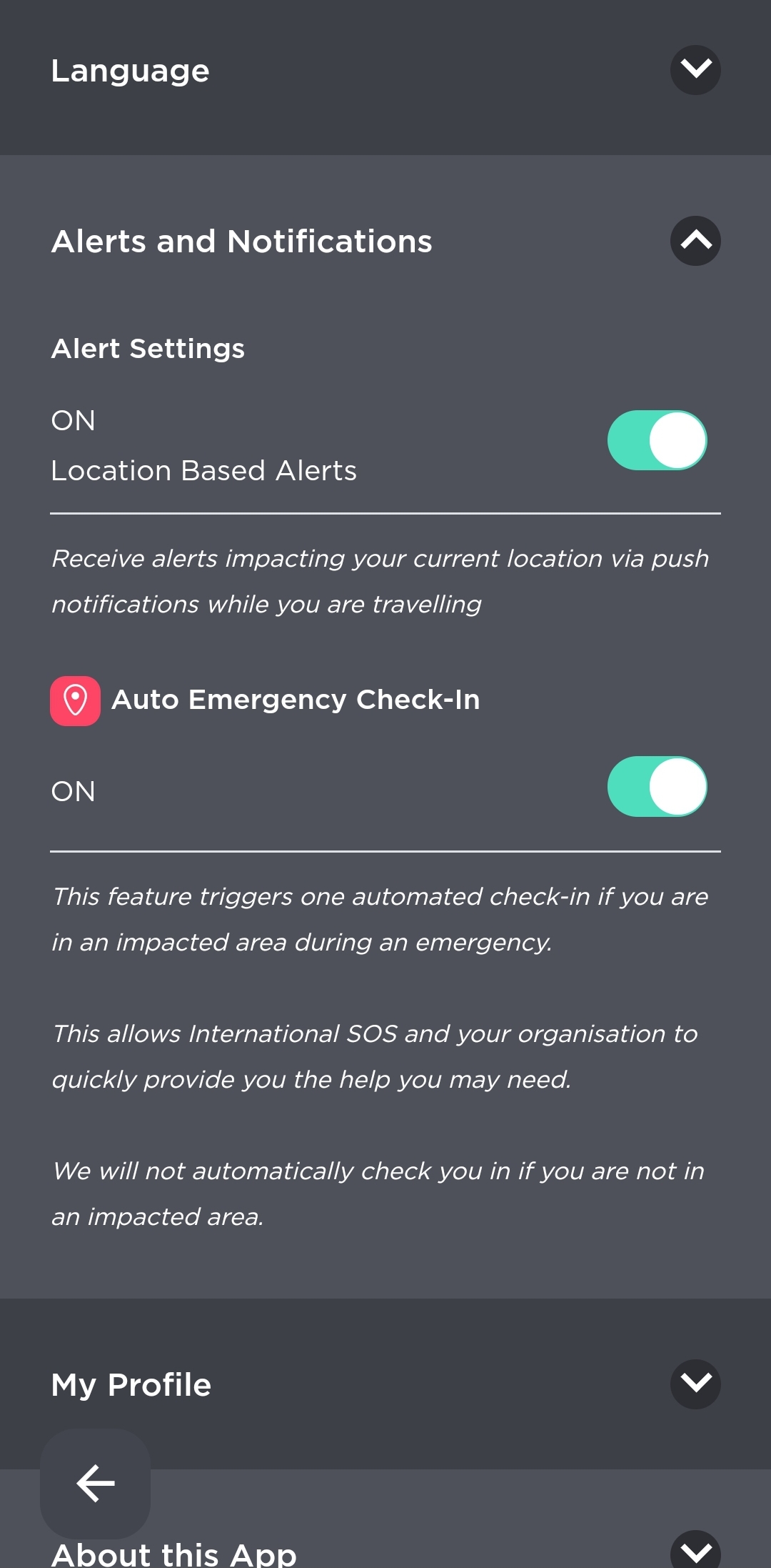 App Settings Screen with Alerts and Notifications Expanded